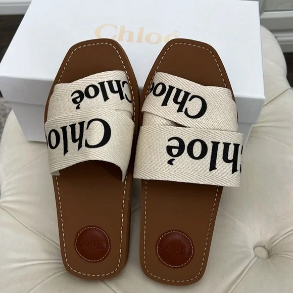 NEW IN A BOX AUTHENTIC CHLOE WOODY FLAT LOGO SANDALS SIZE 8 - Picture 4 of 6